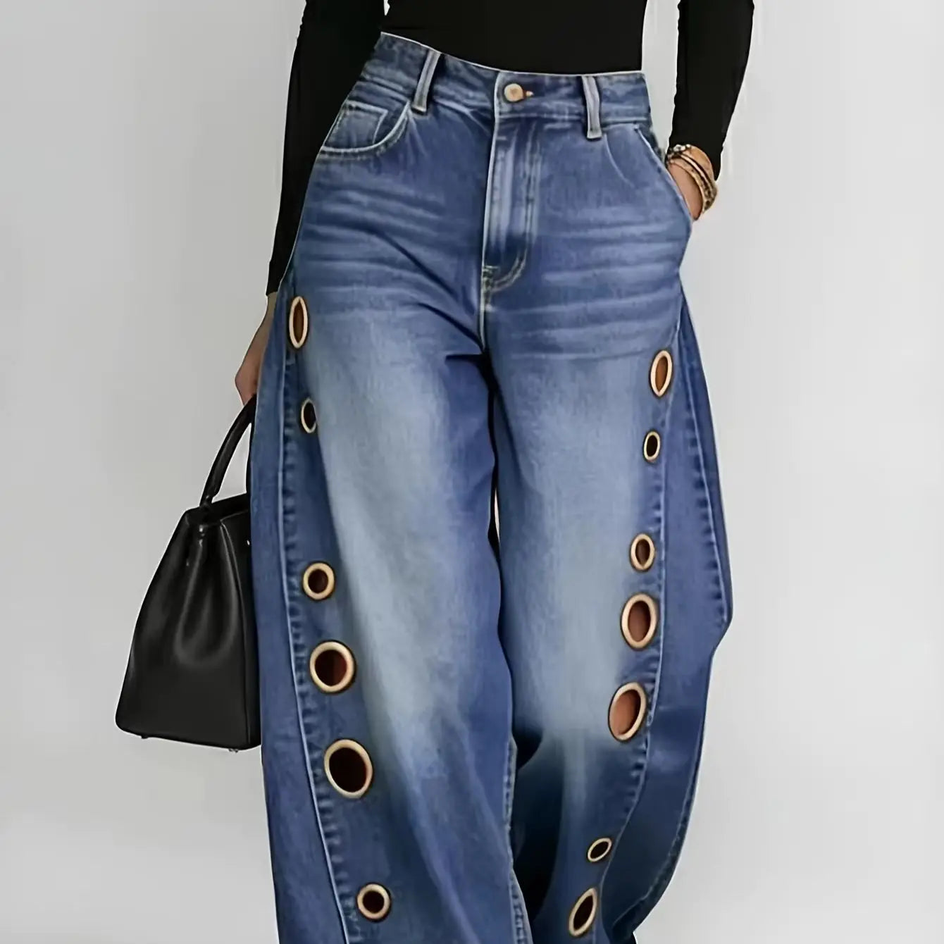Metallic Eyelet Wide-Leg Denim Jeans