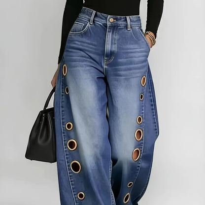 Metallic Eyelet Wide-Leg Denim Jeans