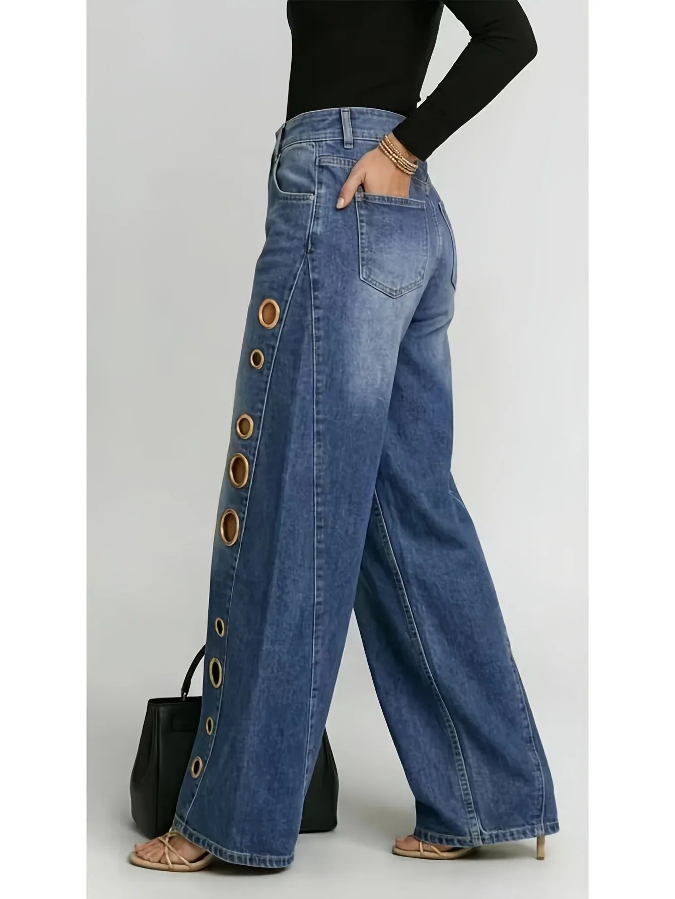 Metallic Eyelet Wide-Leg Denim Jeans