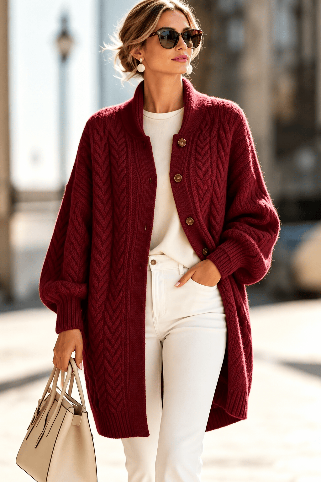 Cable-Knit Button-Down Long Cardigan