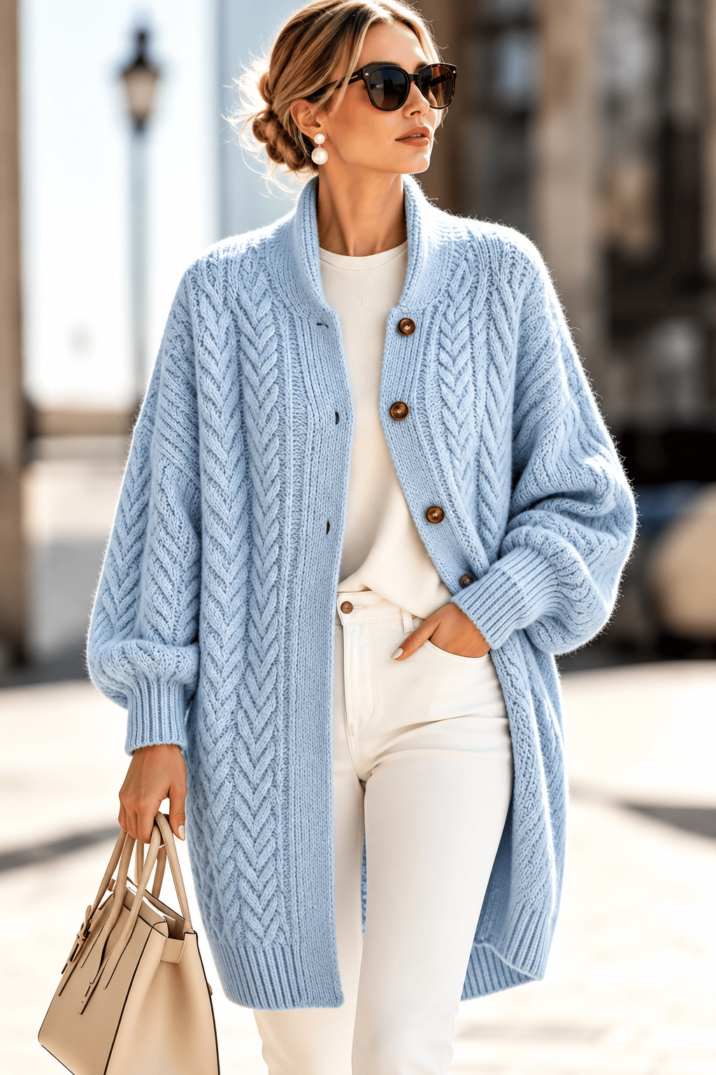 Cable-Knit Button-Down Long Cardigan