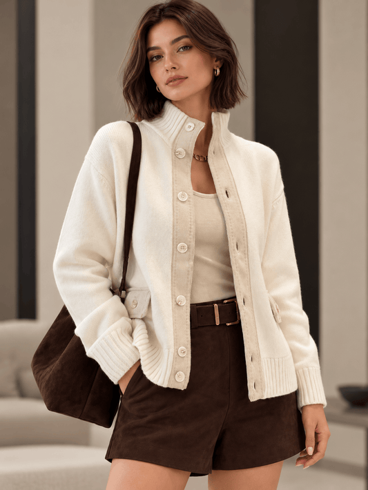 Wool Ribbed-Knit Mock-Neck Cardigan The Nichole Collection - Official Site