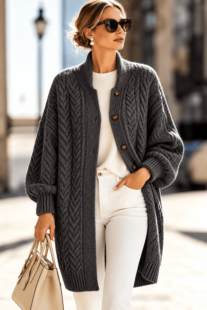 Cable-Knit Button-Down Long Cardigan
