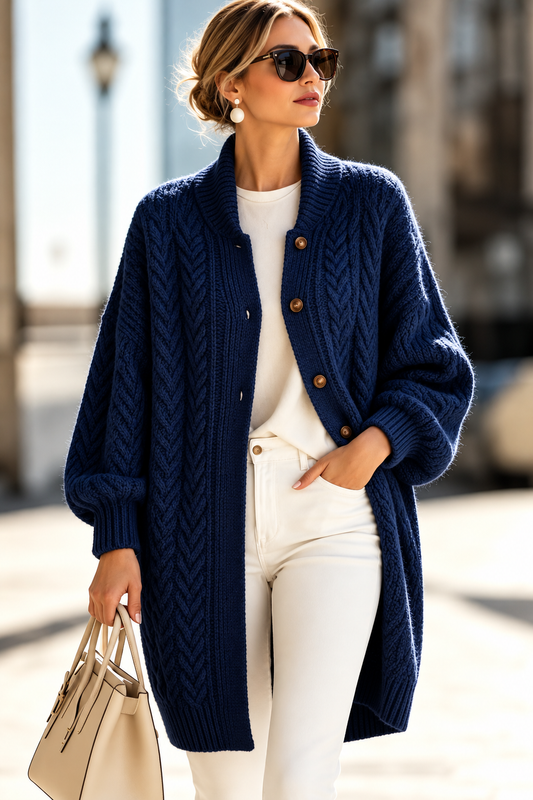 Cable-Knit Button-Down Long Cardigan