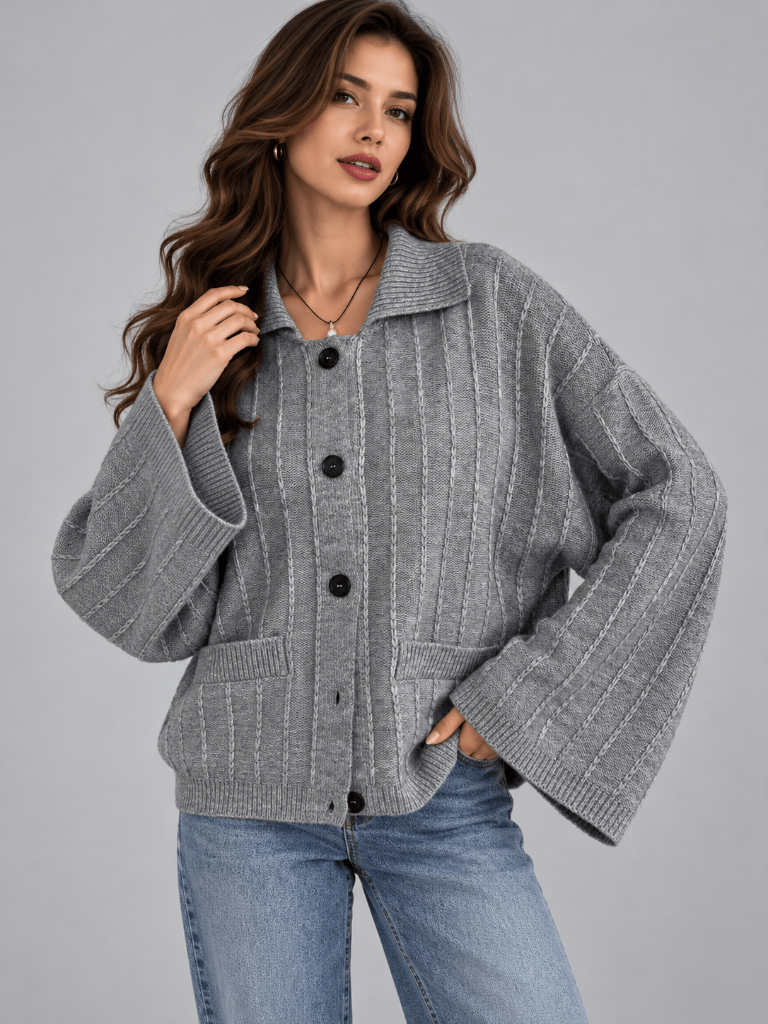 Textured Knit Wide-Sleeve Collared Cardigan The Nichole Collection