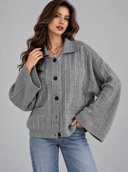 Textured Knit Wide-Sleeve Collared Cardigan The Nichole Collection