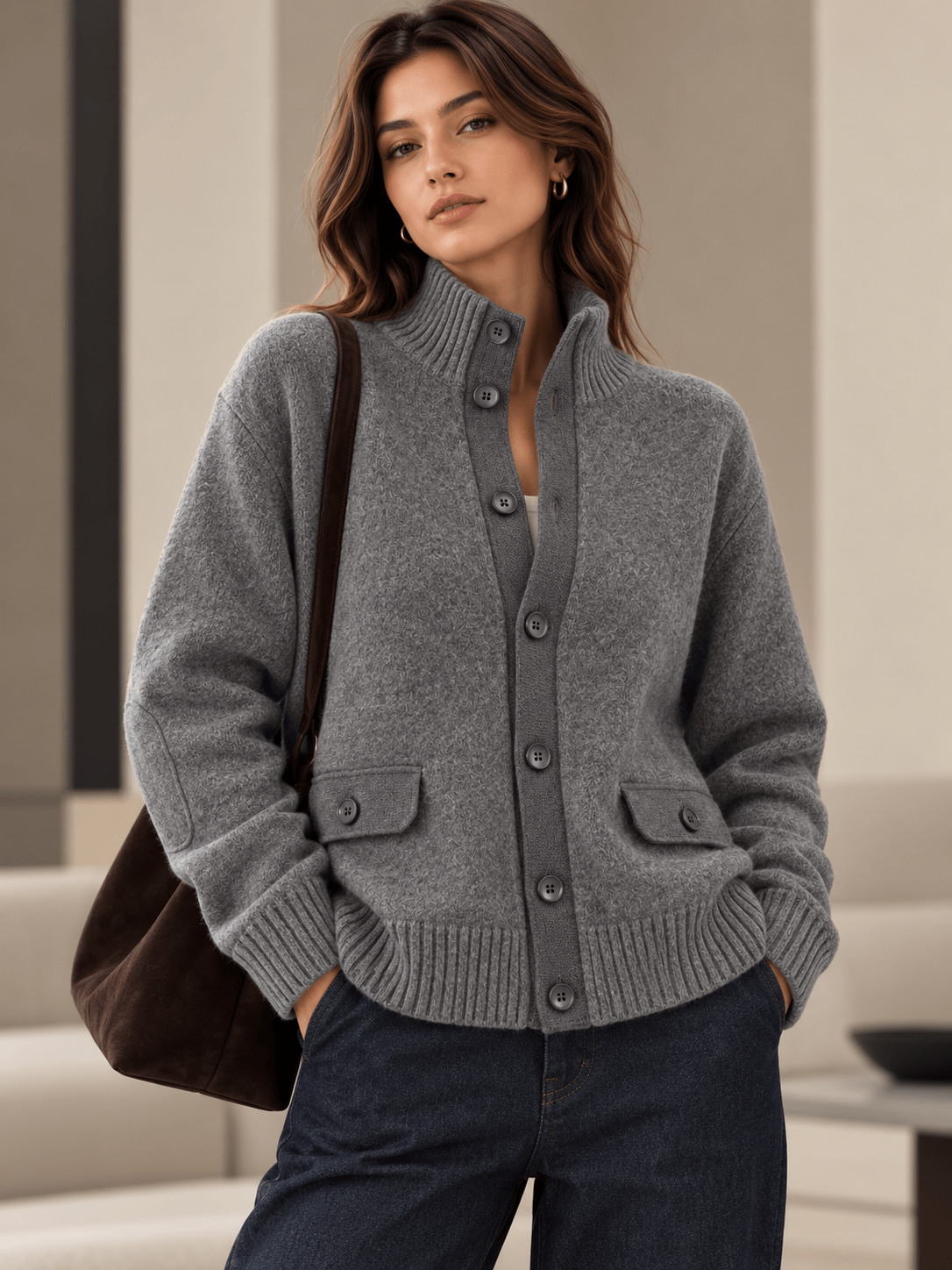 Wool Ribbed-Knit Mock-Neck Cardigan The Nichole Collection - Official Site