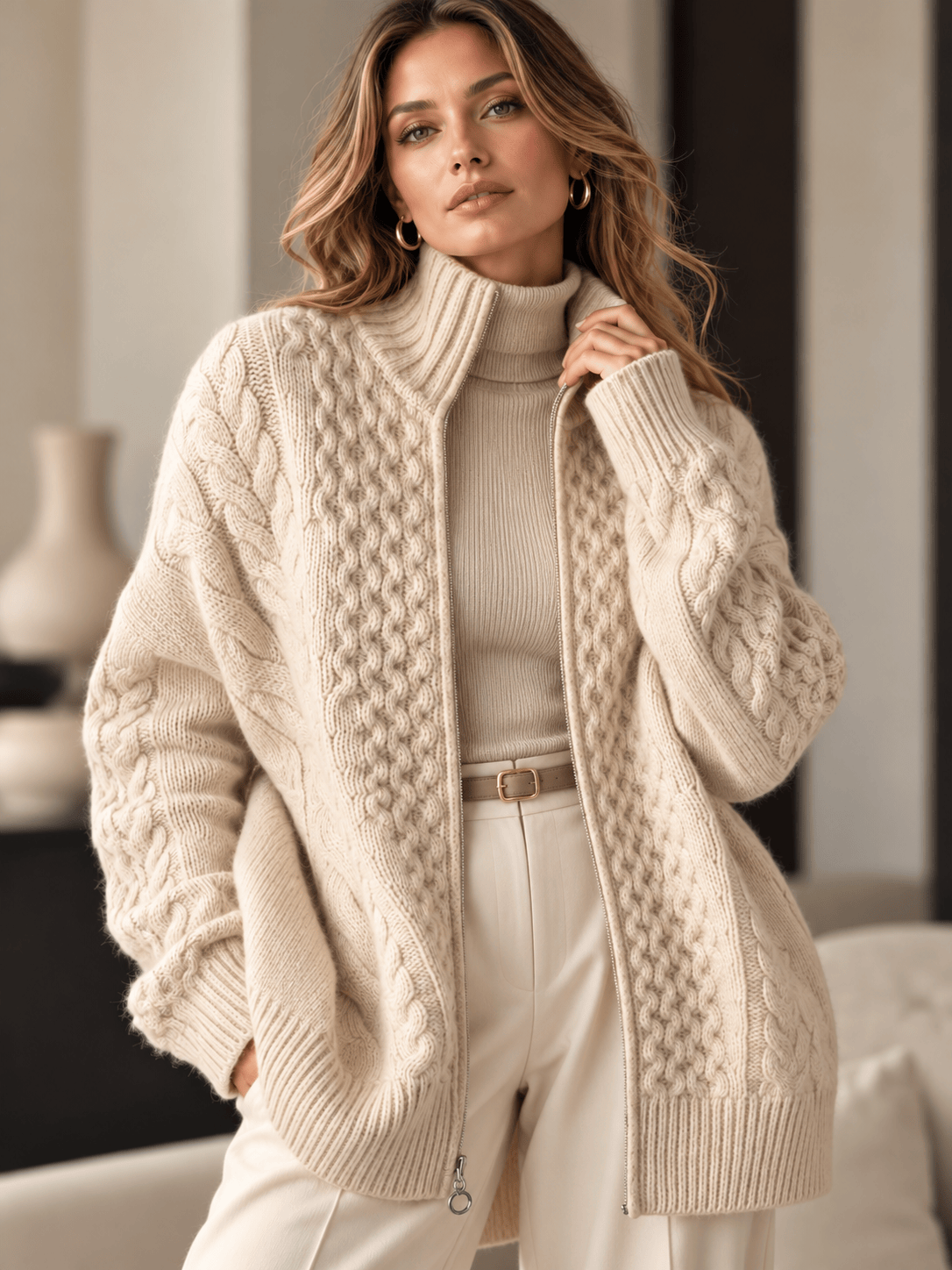 Wool Cable-Knit Zip-Up Cardigan The Nichole Collection - Official Site