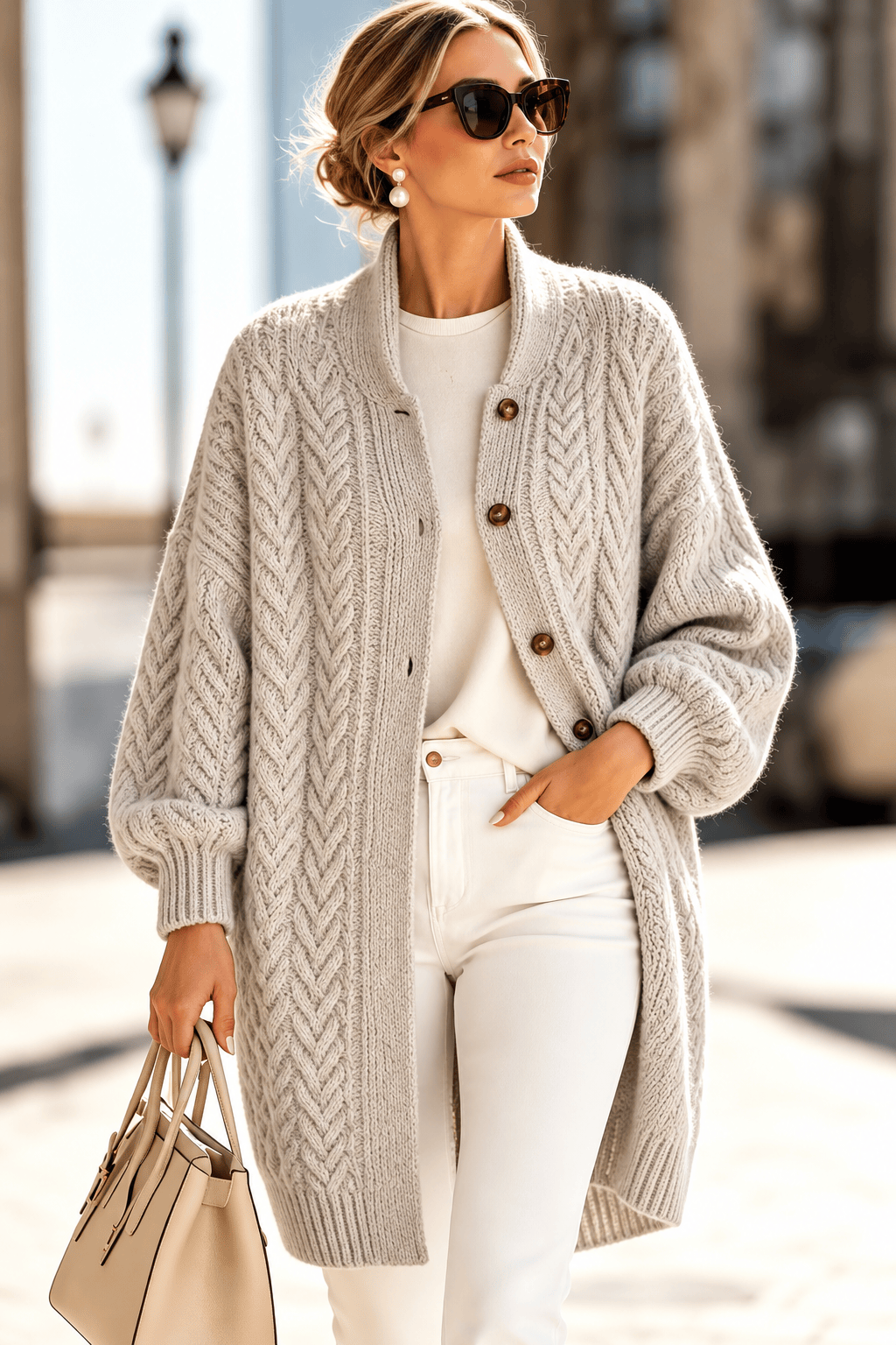 Cable-Knit Button-Down Long Cardigan