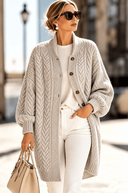 Cable-Knit Button-Down Long Cardigan