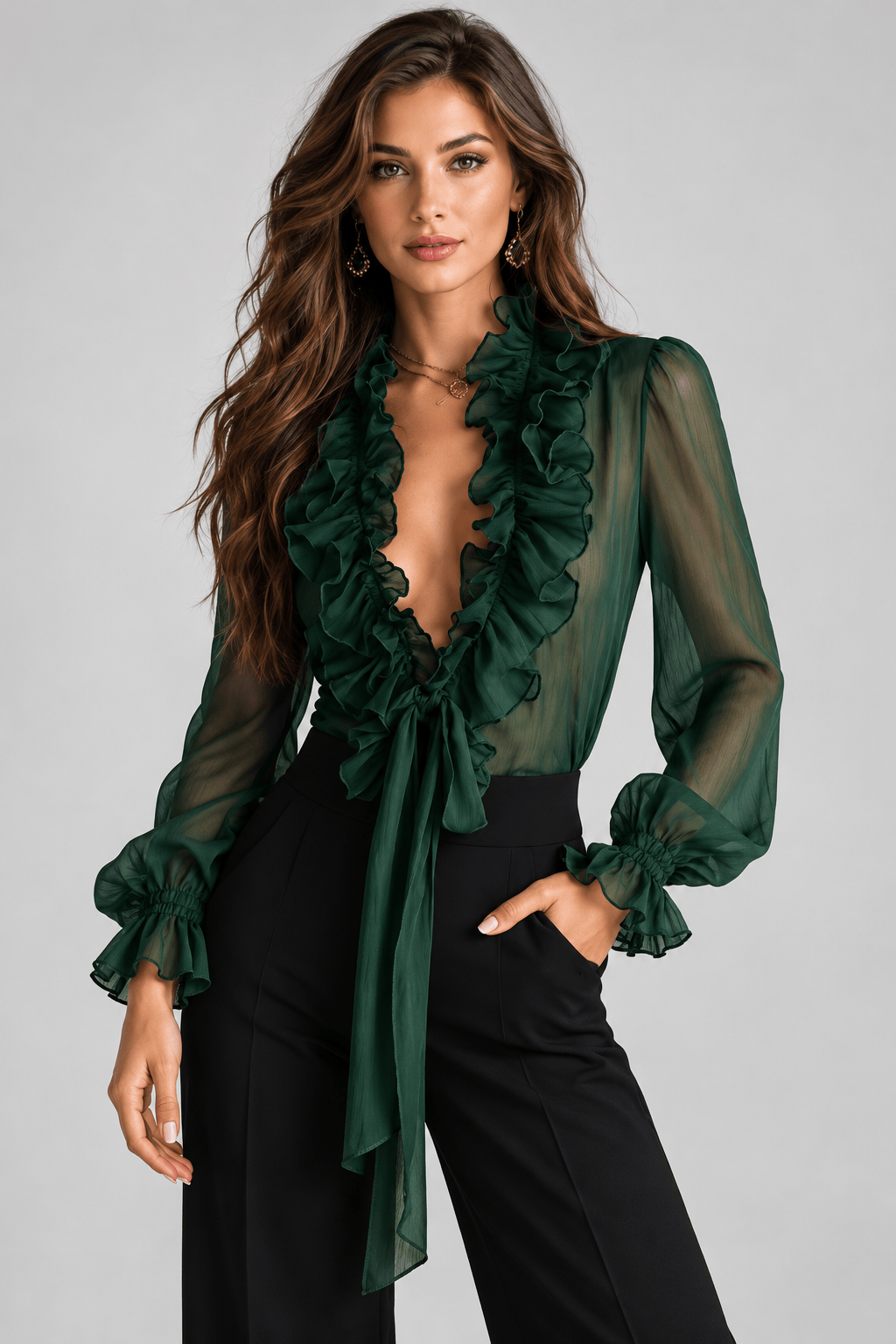 Sheer Ruffled Lace-Up Lantern-Sleeve Blouse The Nichole Collection