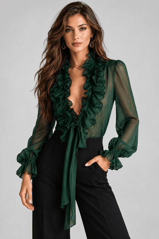 Sheer Ruffled Lace-Up Lantern-Sleeve Blouse The Nichole Collection
