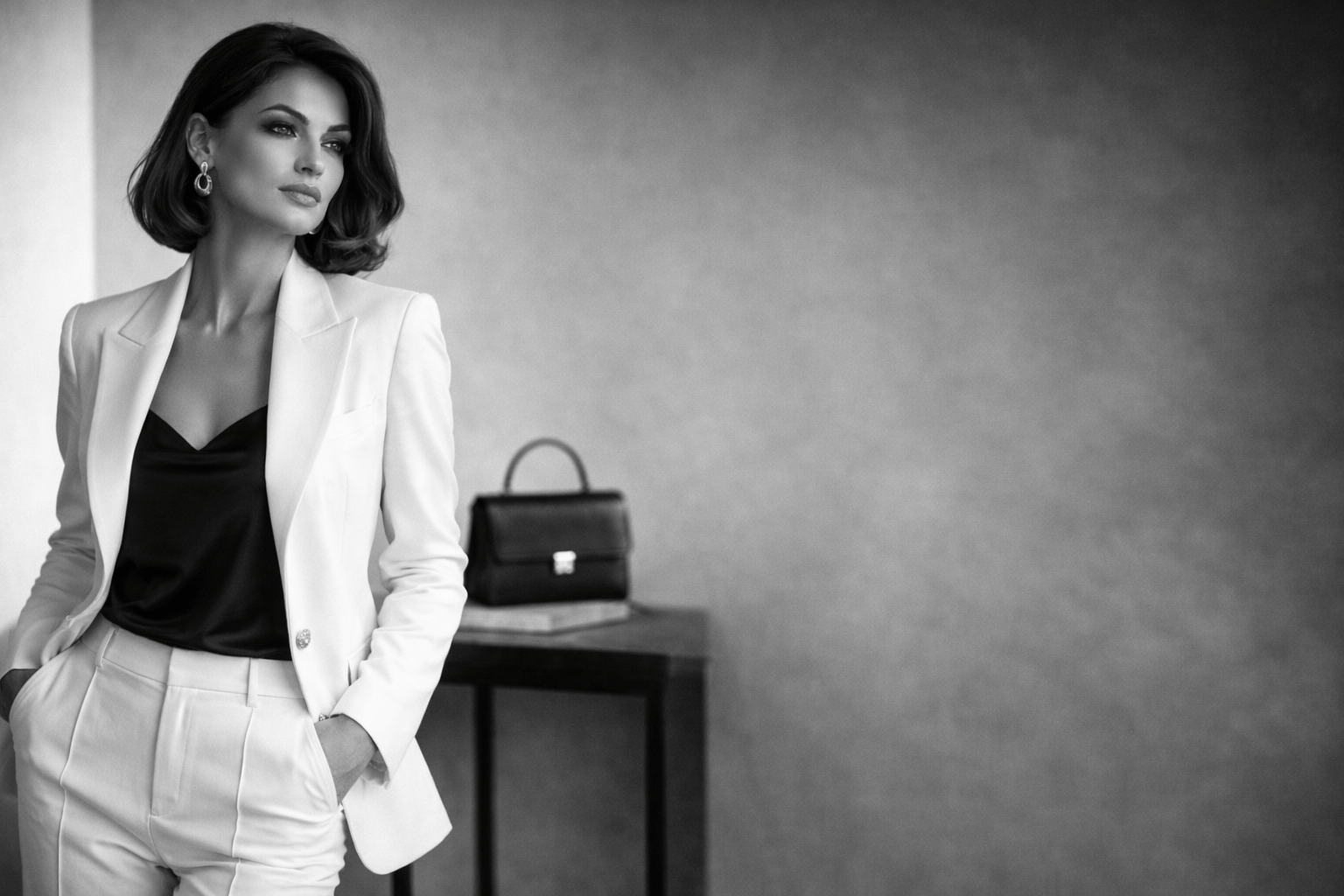 Woman in a white suit standing next to a black handbag on a gray background