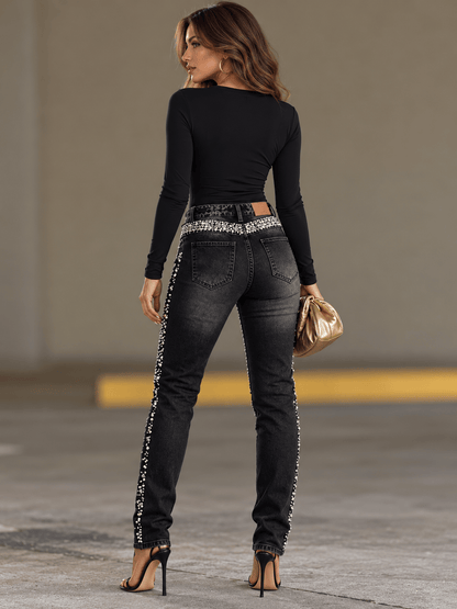 Rhinestone-Embellished Slim-Fit Jeans