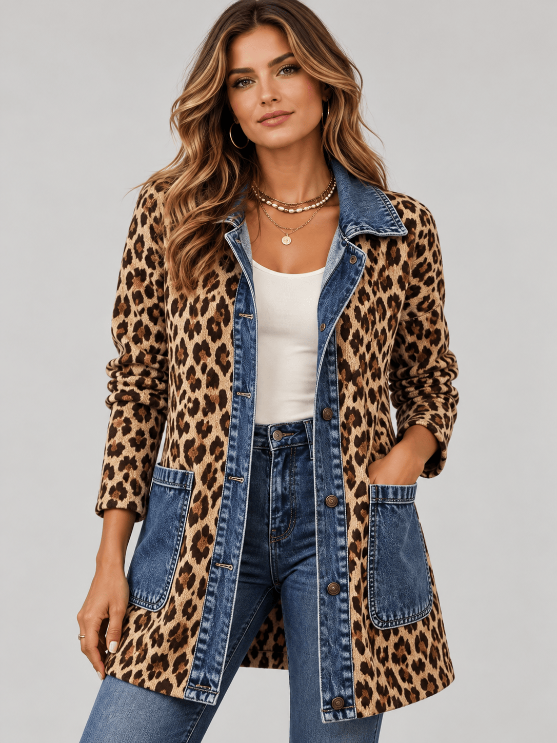 Denim Leopard Print Colorblock Jacket The Nichole Collection
