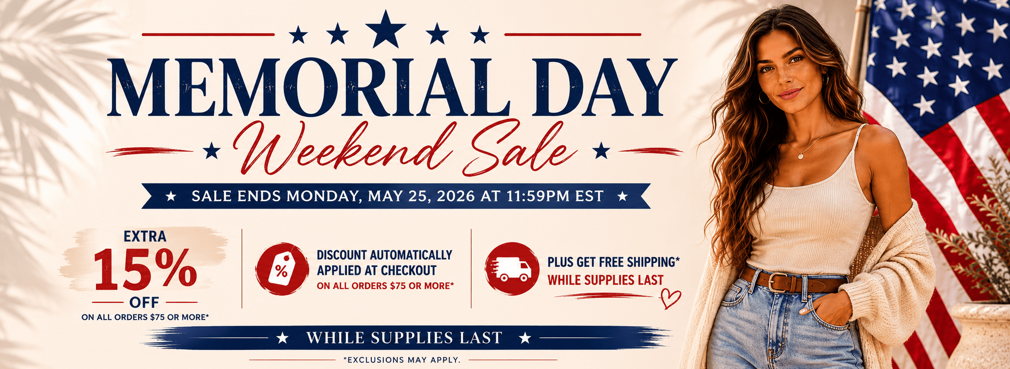 Memorial Day Weekend Sale advertisement with a woman and American flag in the background