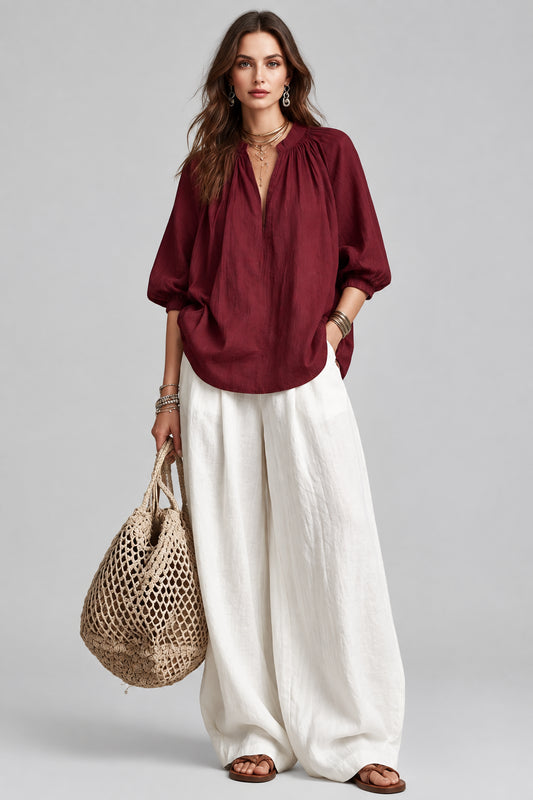 Notched Blouse & Wide-Leg Pants Set The Nichole Collection - Official Site