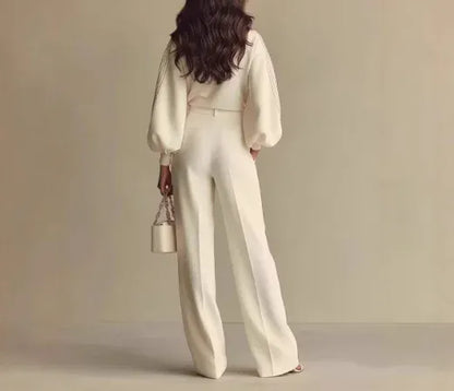 Crew Neck Long Sleeve Top & High Waist Wide Leg Pants Set