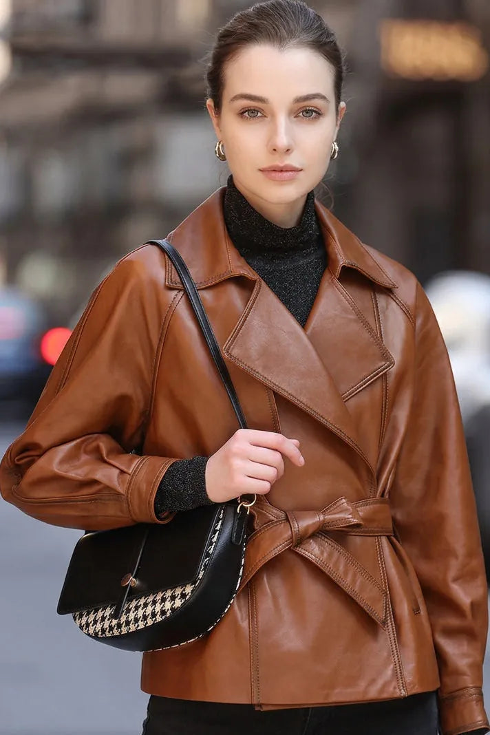 Sheepskin Leather Single-Button Short Trench Jacket The Nichole Collection