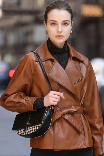 Sheepskin Leather Single-Button Short Trench Jacket The Nichole Collection