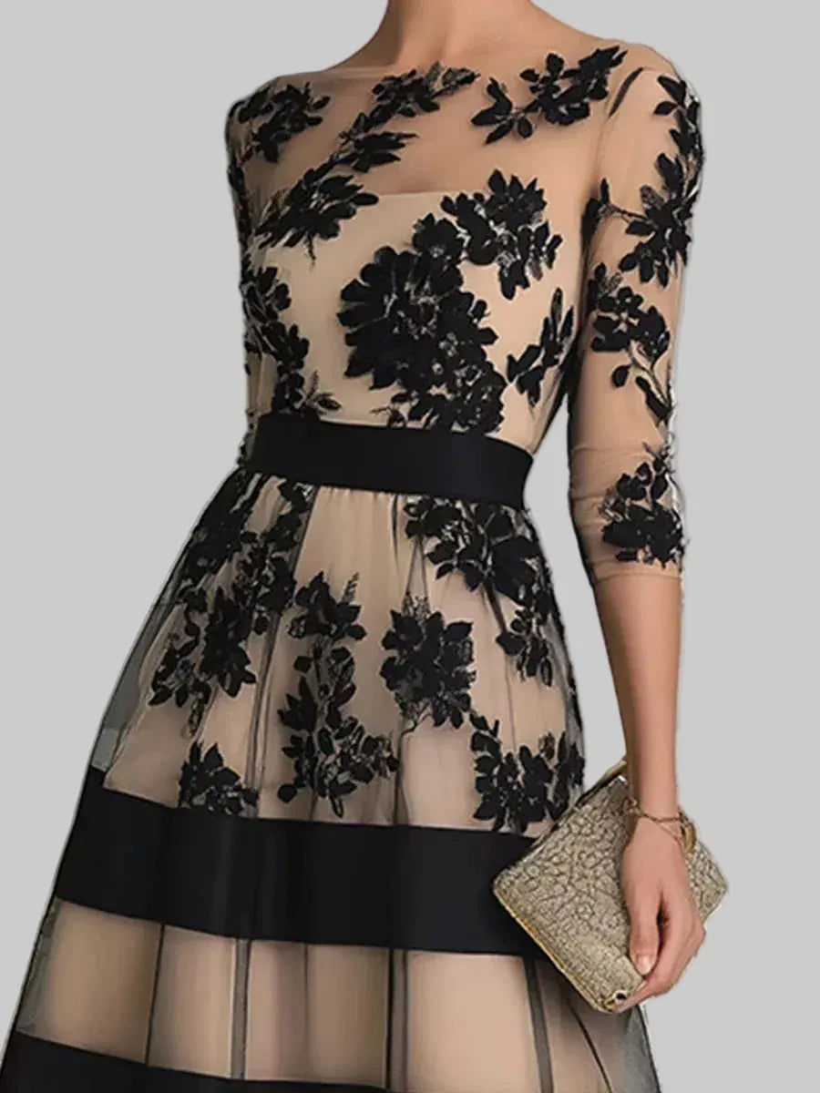 Black Floral Lace 3/4-Sleeve Midi Dress with Satin Band & Nude Lining