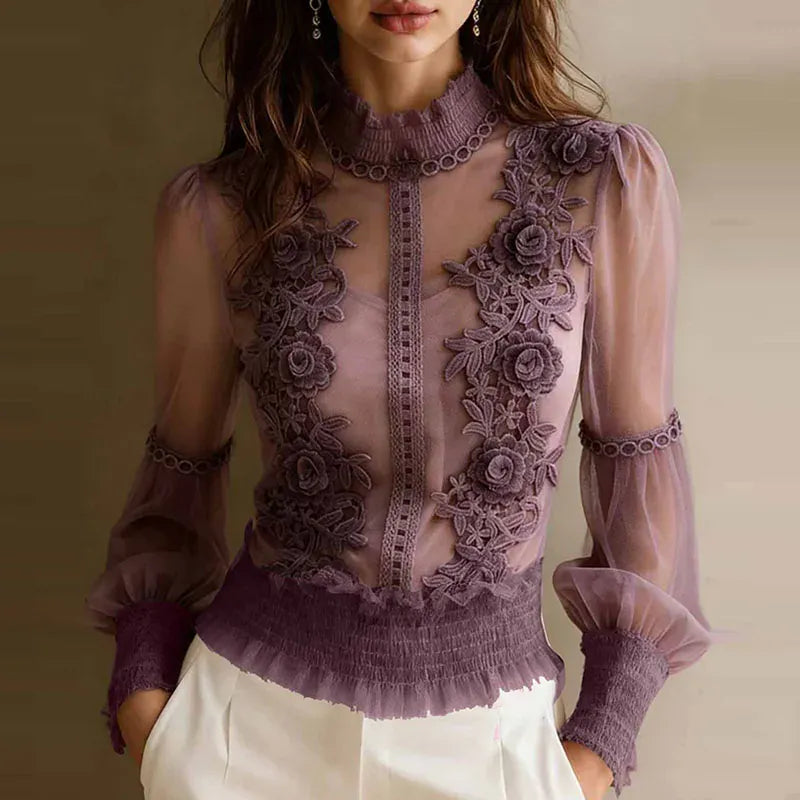 High-Neck Floral Lace-Mesh Ruffle-Hem Top