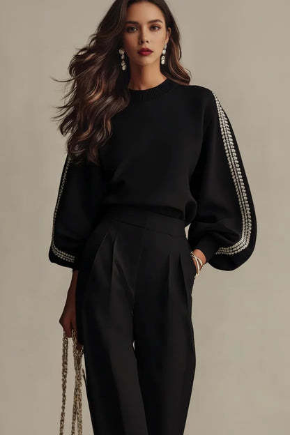 Crew Neck Long Sleeve Top & High Waist Wide Leg Pants Set