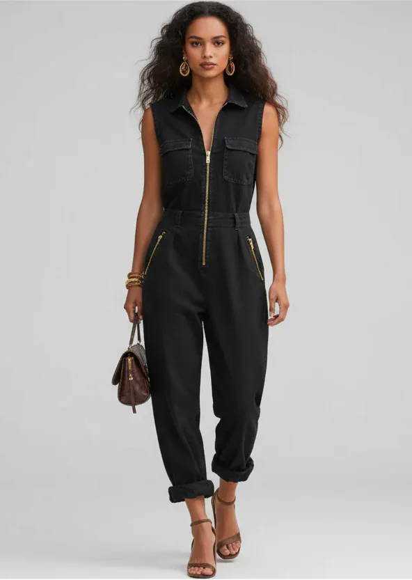 Black Sleeveless Zip-Front Utility Jumpsuit