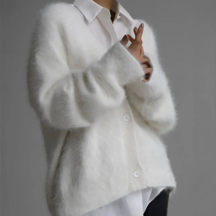 Faux Mink V-Neck Button Cardigan | The Nichole Collection