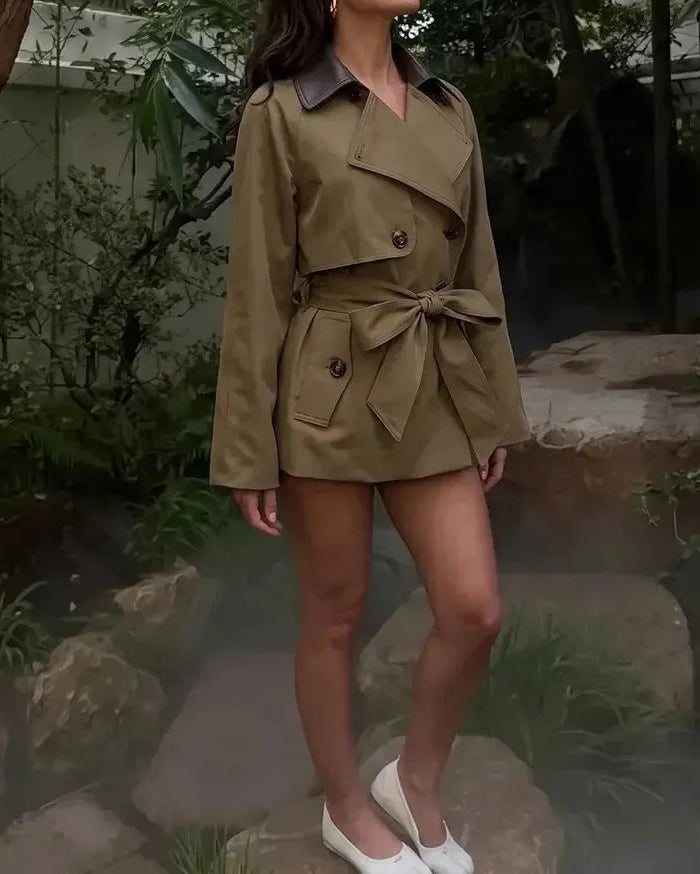 Faux-Leather Collar Belted Short Trench Coat The Nichole Collection