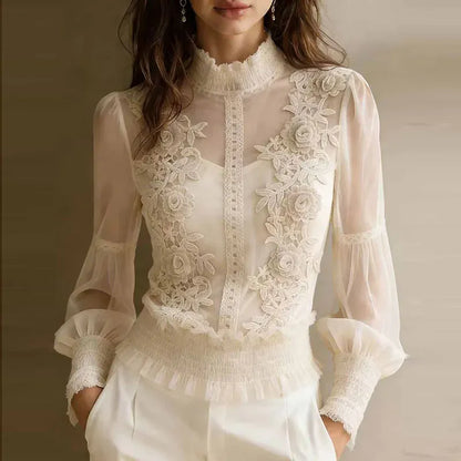 High-Neck Floral Lace-Mesh Ruffle-Hem Top