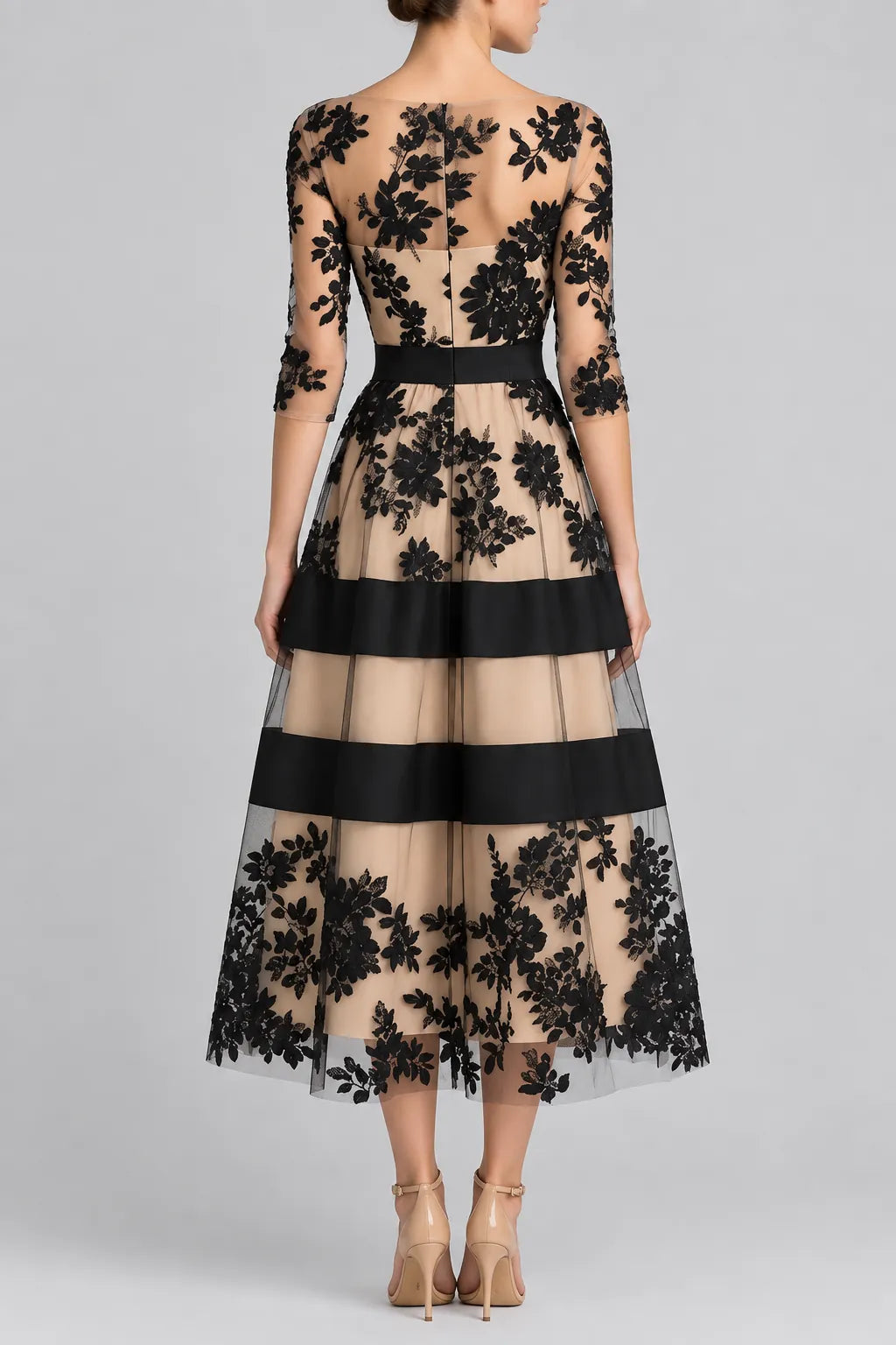 Black Floral Lace 3/4-Sleeve Midi Dress with Satin Band & Nude Lining