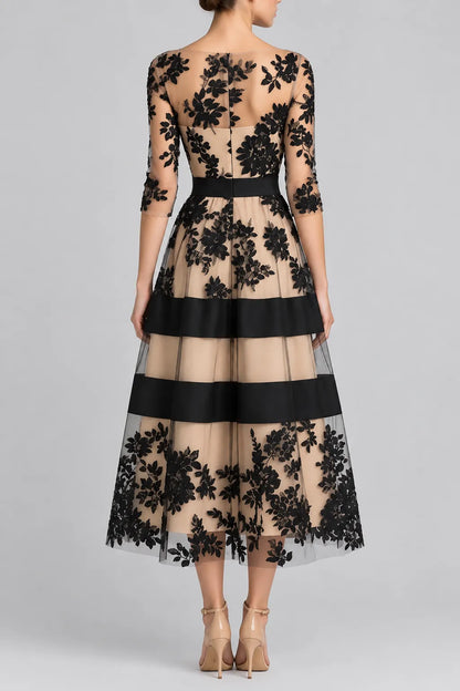 Black Floral Lace 3/4-Sleeve Midi Dress with Satin Band & Nude Lining