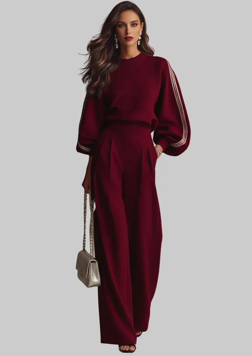 Crew Neck Long Sleeve Top & High Waist Wide Leg Pants Set