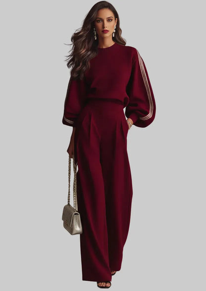 Crew Neck Long Sleeve Top & High Waist Wide Leg Pants Set
