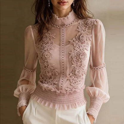 High-Neck Floral Lace-Mesh Ruffle-Hem Top