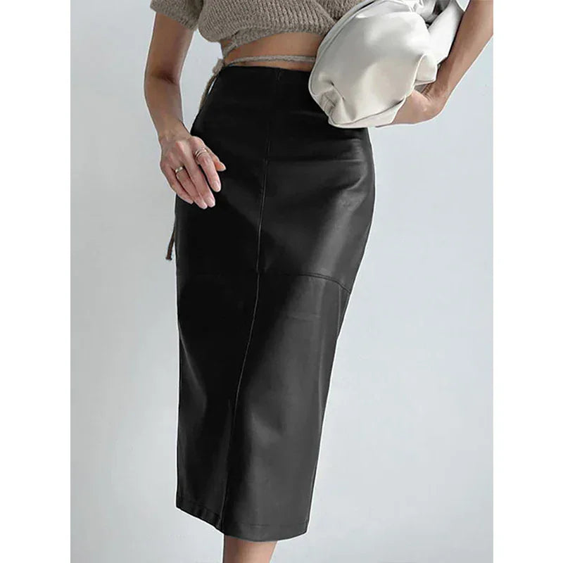 High-Waist Faux Leather Midi Skirt with Back Slit