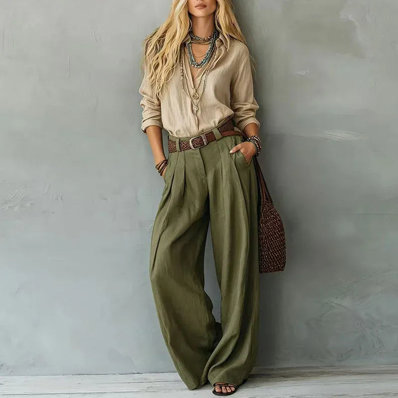 Crinkle Wide Leg Pants & Lapel Shirt Two-Piece Set | The Nichole Collection