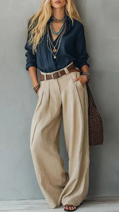 Crinkle Wide Leg Pants & Lapel Shirt Two-Piece Set | The Nichole Collection
