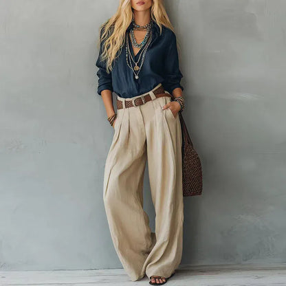 Crinkle Wide Leg Pants & Lapel Shirt Two-Piece Set | The Nichole Collection