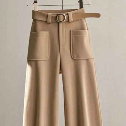 High-Waist Belted Wide-Leg Khaki Pants