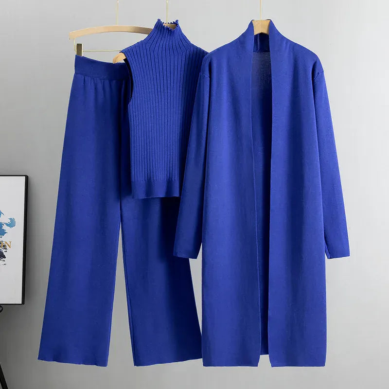 Three-Piece Knit Vest, Cardigan & Pants Set