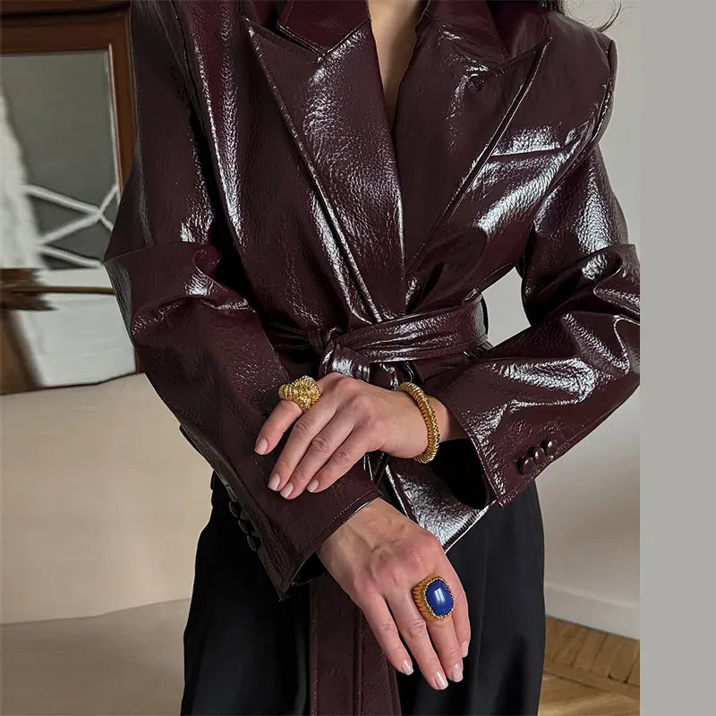 Belted V-Neck Faux-Leather Jacket The Nichole Collection