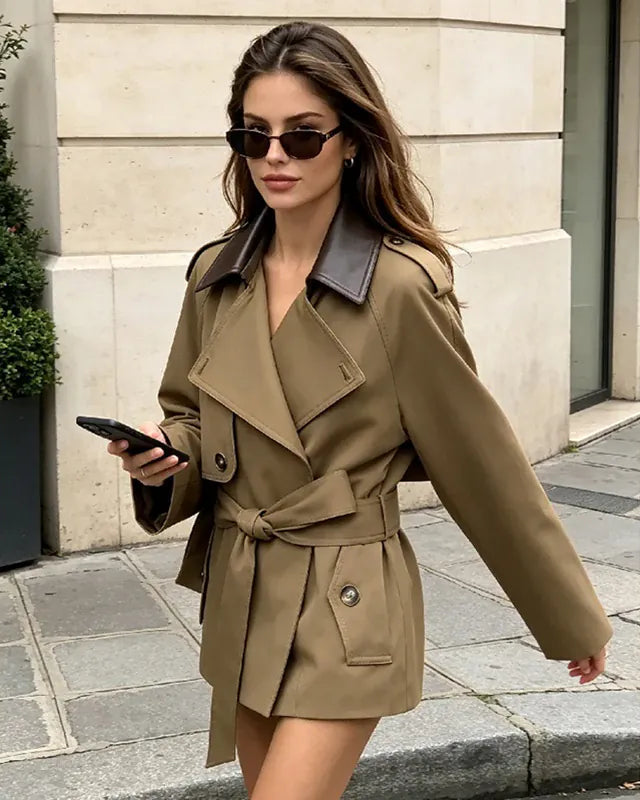 Faux-Leather Collar Belted Short Trench Coat The Nichole Collection