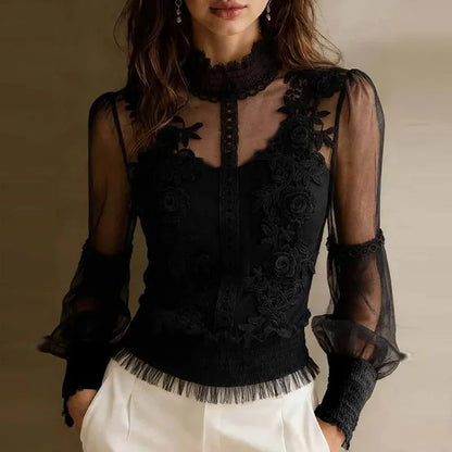 High-Neck Floral Lace-Mesh Ruffle-Hem Top