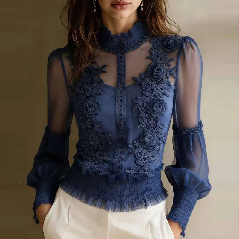 High-Neck Floral Lace-Mesh Ruffle-Hem Top