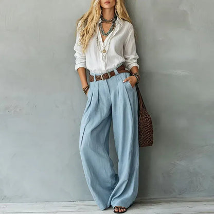 Crinkle Wide Leg Pants & Lapel Shirt Two-Piece Set | The Nichole Collection