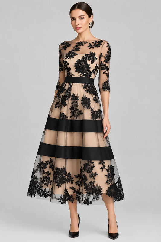 Black Floral Lace 3/4-Sleeve Midi Dress with Satin Band & Nude Lining