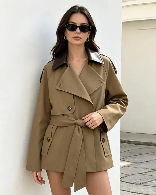 Faux-Leather Collar Belted Short Trench Coat The Nichole Collection