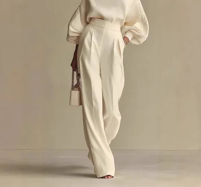 Crew Neck Long Sleeve Top & High Waist Wide Leg Pants Set